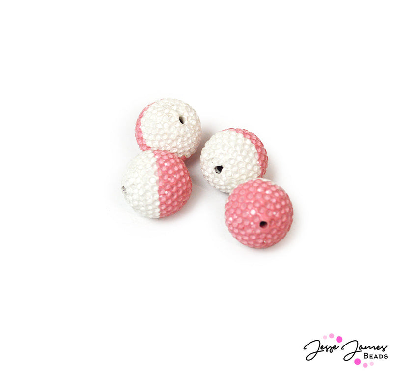 These dipped beads feature a two-toned color! Each bead starts as a pink and white base adorned with clear rhinestones for added sparkle. Each bead measures 16mm in size and has a 1.6 mm hole, ideal for cord and thinner leather. Beads come in a set of 4.
