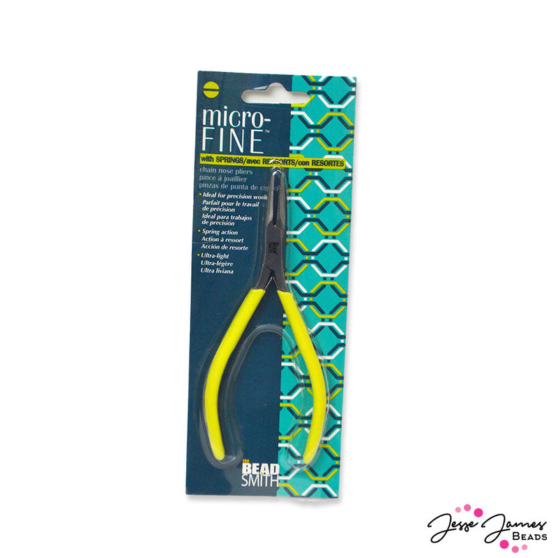 Chain nose pliers are typically used to create angled bends in wire. These standard pliers are a must have on hand for any jewelry maker. The Micro-Fine tool line by BeadSmith features ultra-lightweight pliers with spring-action for ease of use. These pliers are easy to grip and manuver to create your designs.