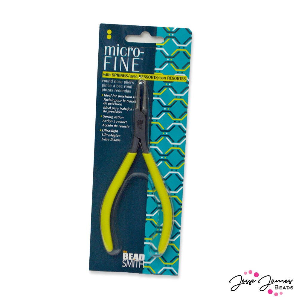 These pliers are a jewelry making essential. Round nose pliers are the go-to for creating loops, eye pins, clasps, jump rings, coils, and more. The Micro-Fine tool line by BeadSmith features ultra-lightweight pliers with spring-action for ease of use. These pliers are easy to grip and manuver to create your designs.