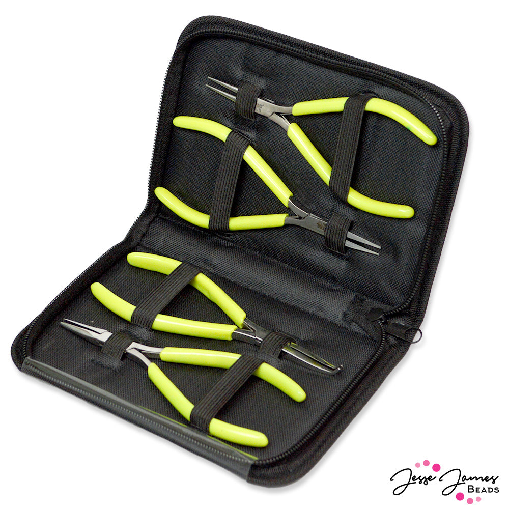 This precision 4-piece set from BeadSmith is a great way to upgrade your tools! The Micro-Fine tool line by BeadSmith features ultra-lightweight pliers with spring-action for ease of use. These pliers are easy to grip and manuver to create your designs. This kit comes with Bent Nose Pliers, Chain Nose Pliers, Flat Nose Pliers, and Round Nose Pliers, all inside a nylon case for easy travel and storage. 