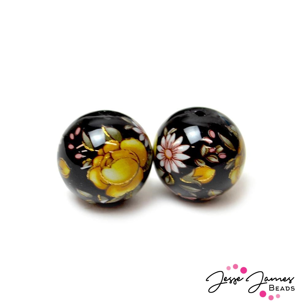 Japanese Tensha Bead Pair Flower Of Friendship on Black 16MM