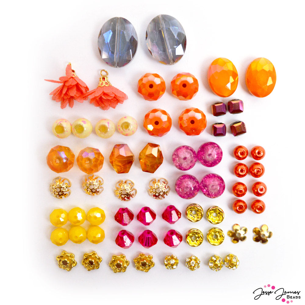 Sunset Goddess Bead mix features faceted glass beads, mini tassels, custom metal bead caps, metal beads, and more.