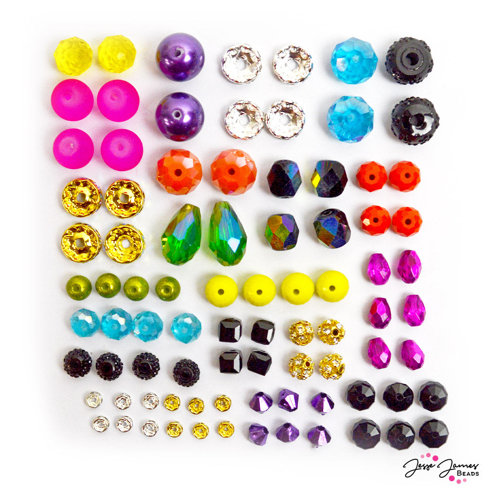 Tokyo Nights bead mix features dyed pearls, faceted glass, bicone beads, custom metals, metal rhinestone spacers, and more.