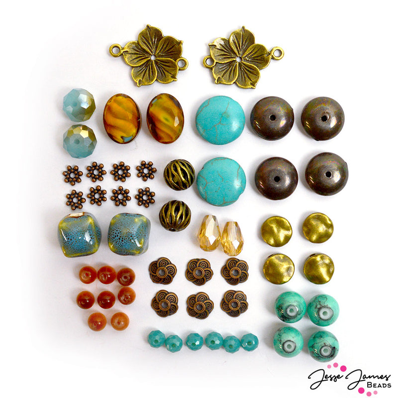 Wanderlust bead mix featuring faceted glass beads, chinese turquoise beads, custom metals, and more.