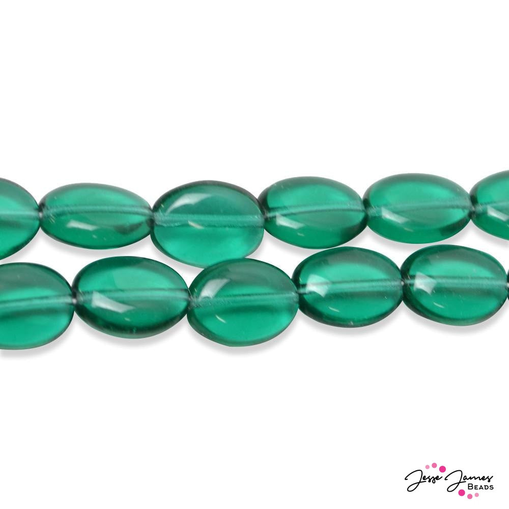 Emerald Green Flat Oval Czech Beads