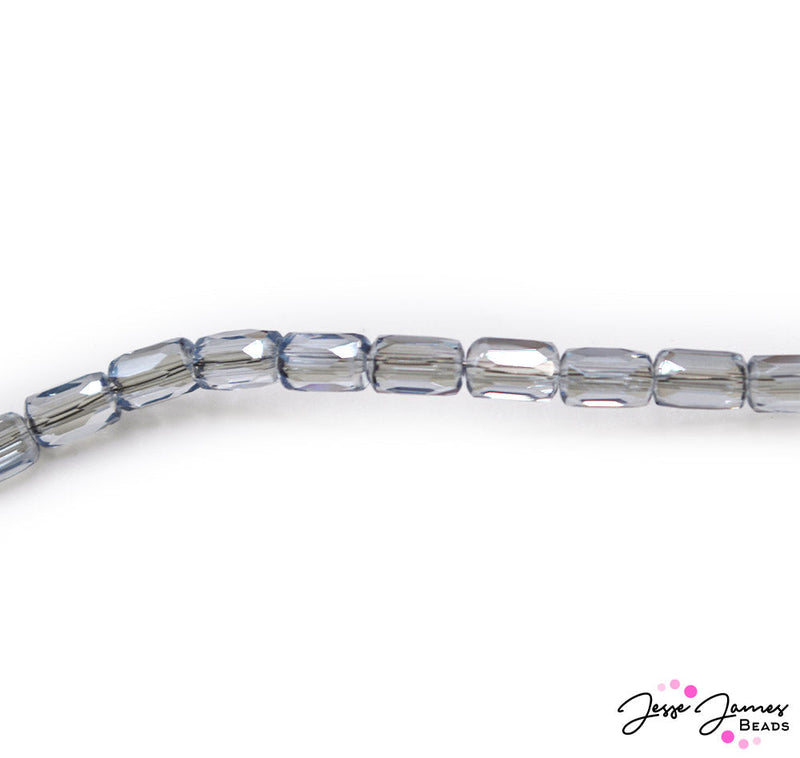 These super sparkly rectangular shaped beads are perfect for creating modern looking earrings, bracelets, and more. Each strand features a beautiful blue grey color in a semi-transparent finish. Each strand includes 80 beads. Each bead measures 6mm x 4mm.