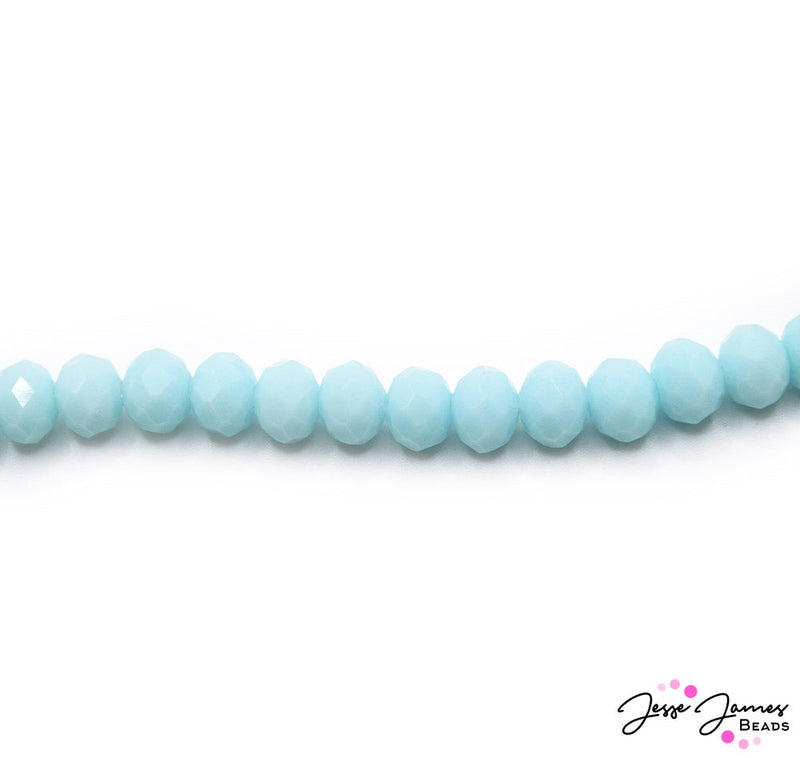 Dive into these dreamy light sky blue beads. These mini rondelle beads feature an opaque finish for maximum color concentration. 65 pieces per strand. Each bead measures 8mm x 6mm. Hole size measures 1mm.