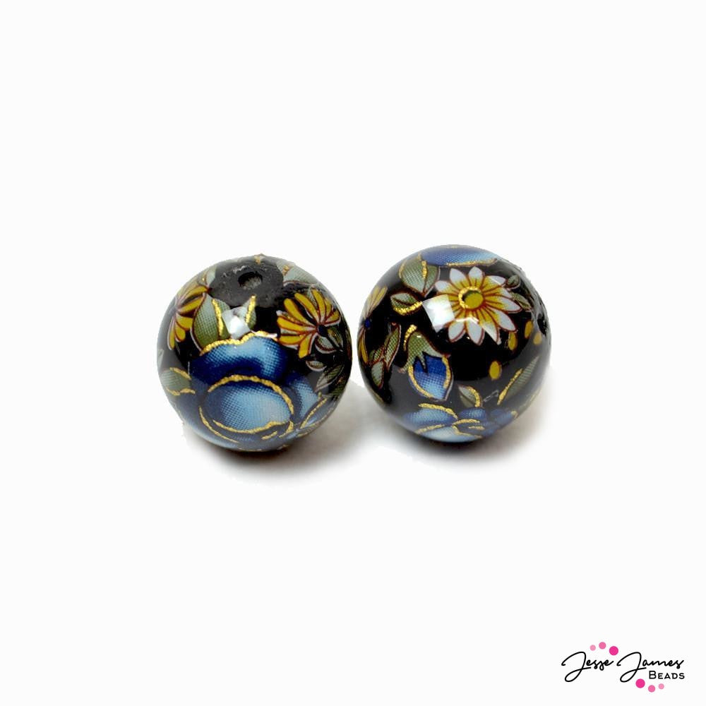 Indigo Gold Rose on Black Japanese Tensha Beads