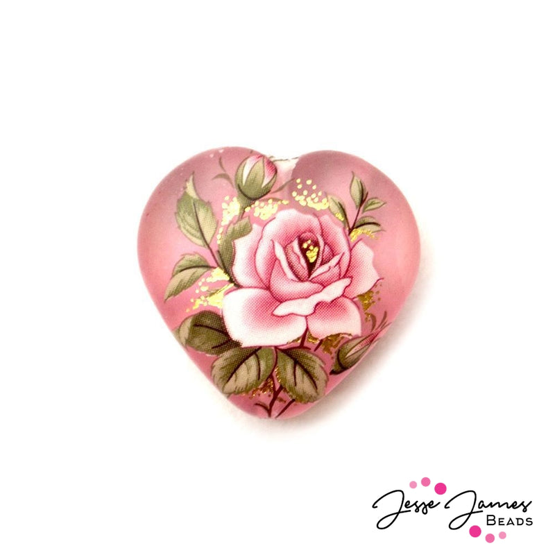 Pink Rose on Frosty Pink 23mm Heart Japanese Tensha Bead