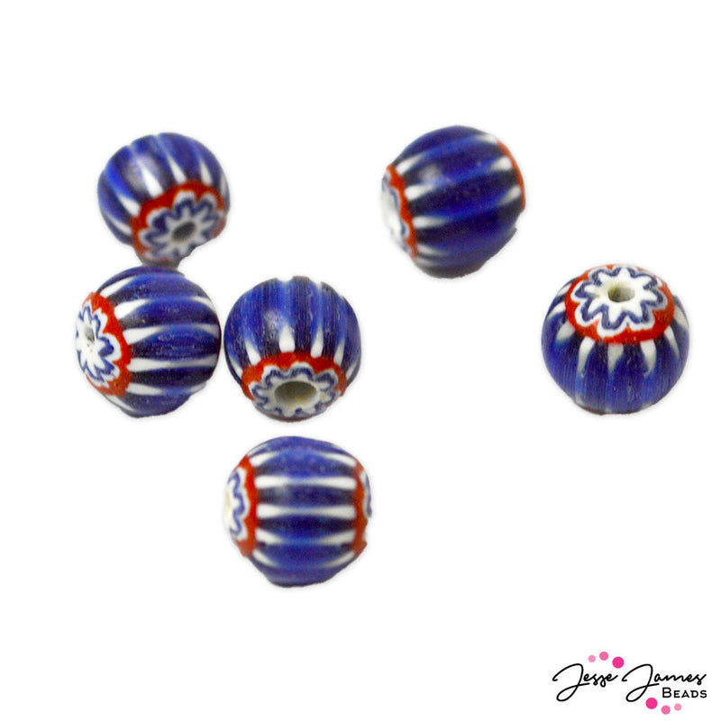 Add a pop of color to your next project with these chevron style trade beads. Each set of 6 beads features a blend of deep blue color. These beads are handmade glass and may vary in size and pattern. Each bead measures approximately 8mm round.