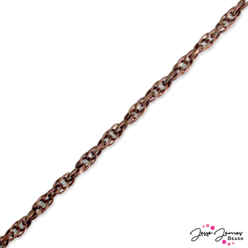 Interlocked curb chain is intricately connected with oval shaped links. Antique copper color gives old world excellence to jewelry projects. Sold in 1 meter lengths. Chain is 4mm thick.