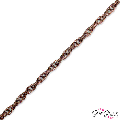 Interlocked curb chain is intricately connected with oval shaped links. Antique copper color gives old world excellence to jewelry projects. Sold in 1 meter lengths. Chain is 4mm thick.