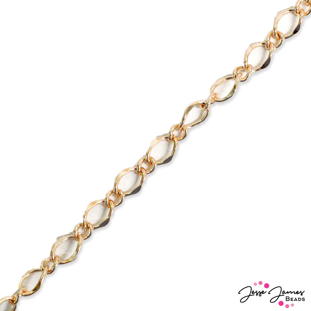 Rose gold goes with everything. The perfect blend of gold and silver metal is rose gold - this chain is soft and elegant for jewelry making. Unique chain link styles add intrigue to your designs. Sold in 1 meter lengths. Links measure 8.5mm x 5.5mm x 1.5mm