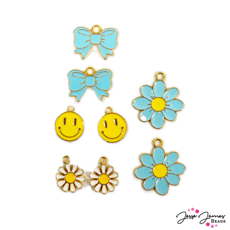 Enjoy carefree charm with this adorable set of 8 charms! This set features pairs of whimsical enamel designs including happy faces, flowers, bows, and mini daisies. Largest charm in set measures 22.5mm x 20mm x 1.5mm. Smallest charm in set measures 14.5mm x 12mm x 1.5mm.
