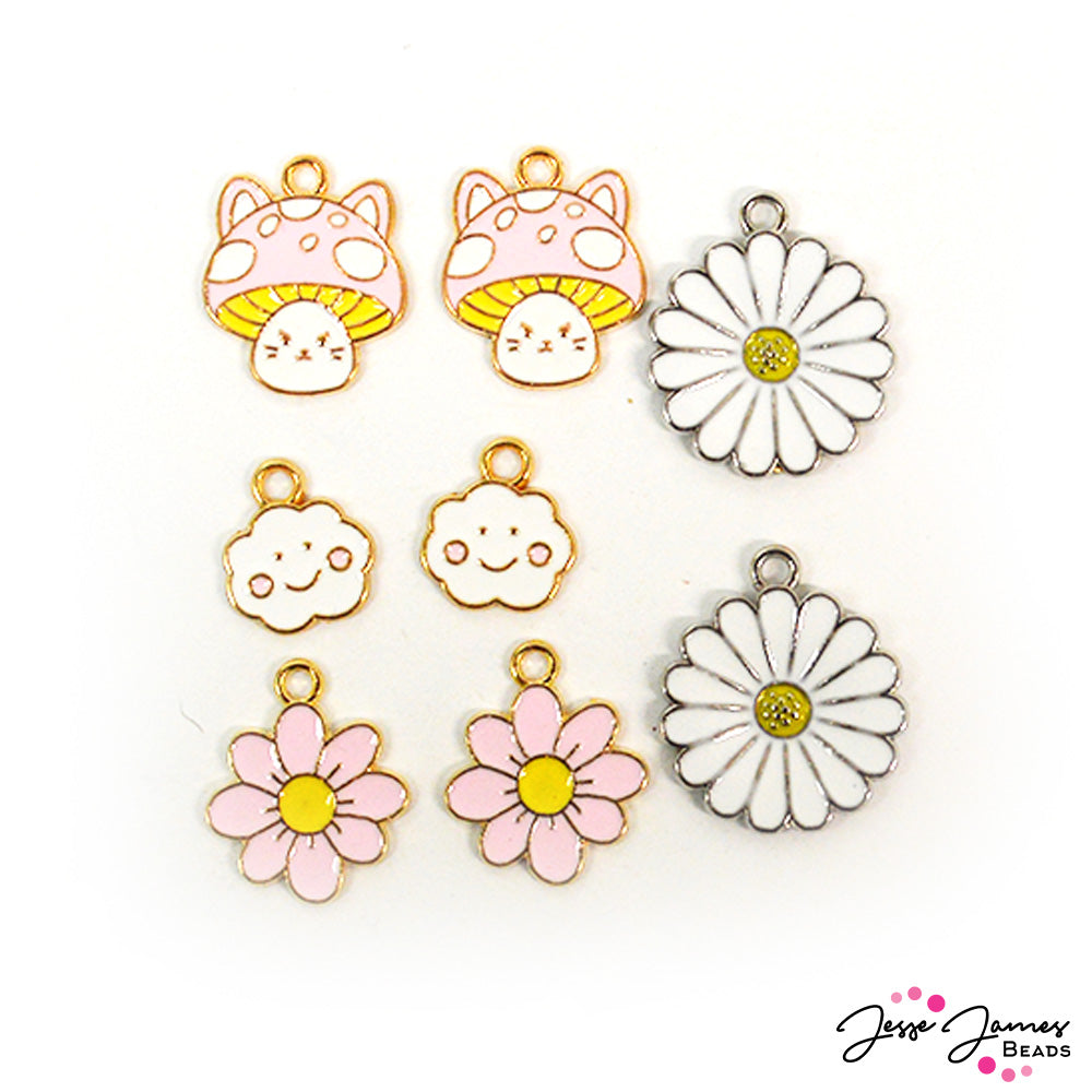 Add a touch of cuteness to any project with this kawaii style set of pastel colored charms. This set features adorable daisies, mushroom cats, happy little clouds, and flowers. Largest piece in mix measures 21mm x 18mm x 1.5mm. Smallest piece in mix measures 13mm x 11mm x 1.5mm.
