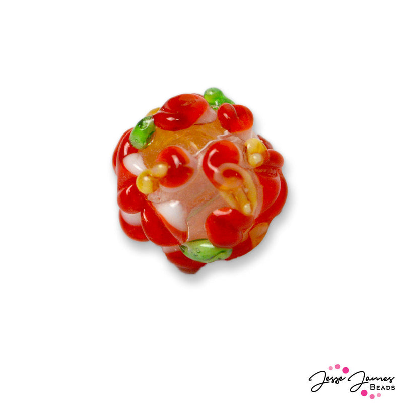 Add abstract florals to your next project with this lampwork focal bead! This poppy-inspired bead features bold red details accented with touches of green and orange. Each bead measures 12mm.
