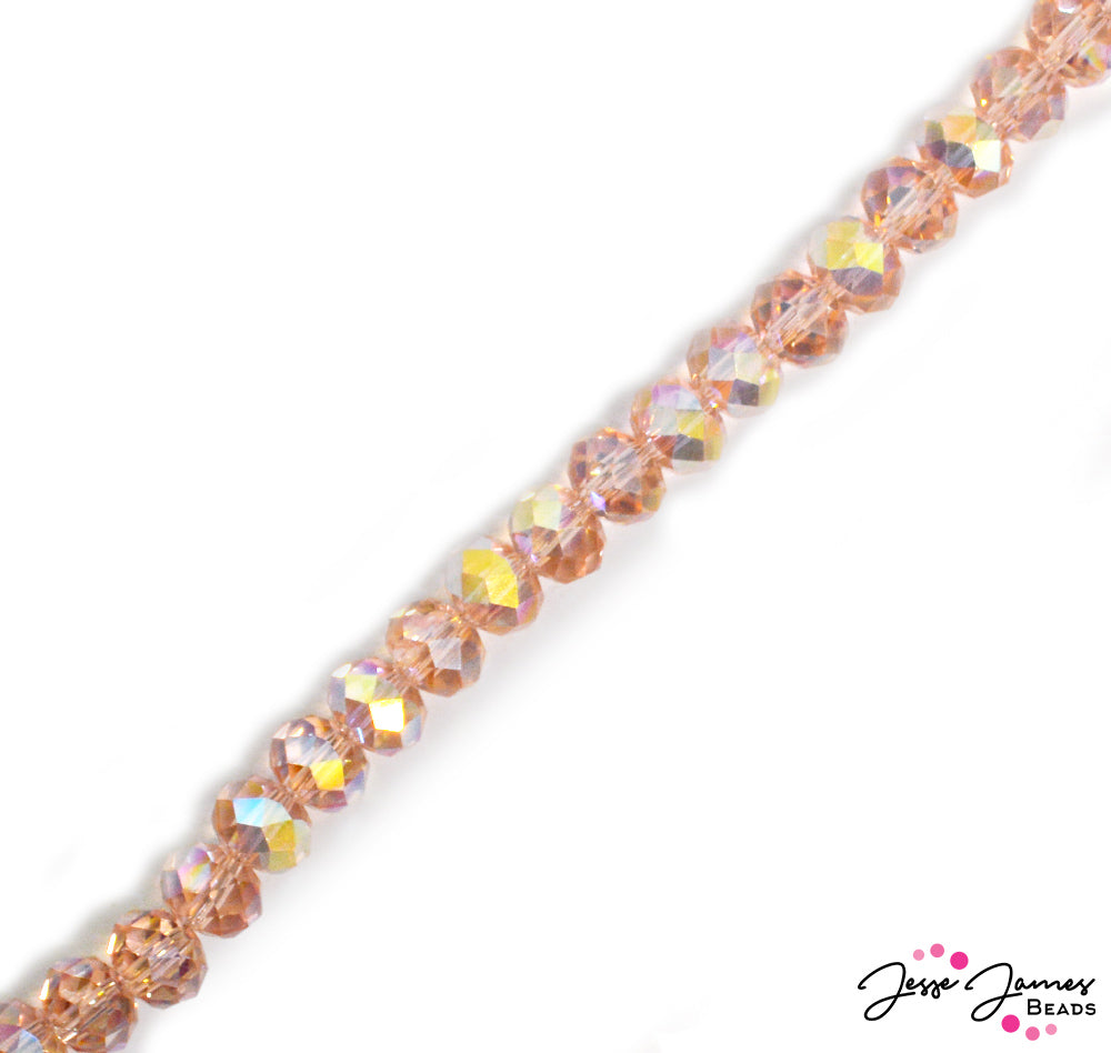 Super flashy peach beads are bright, beautiful and blend perfectly with JJB Goddess Bead Mixes. Get a set of 72 pieces per order. Jewelry designs for days! Beads measure 8mm x 6mm.
