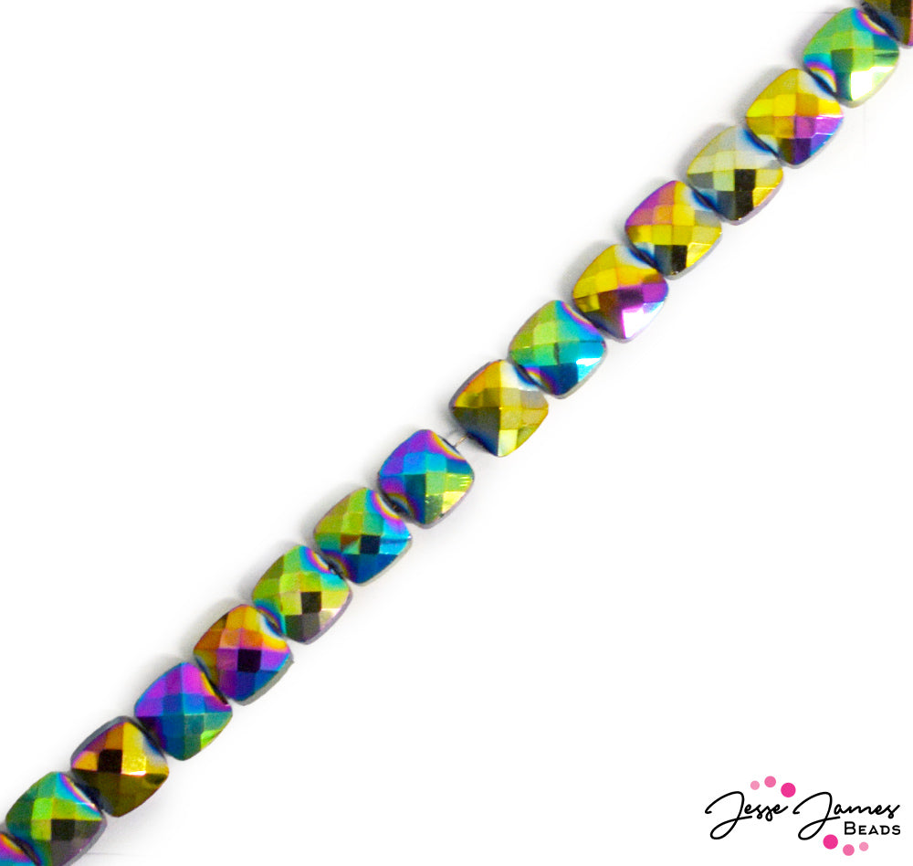 She's a rainbow of the night! An oil slicked goddess. Bright flashy metallic rainbow colors for your next look-at-me jewelry project. 75 beautiful beads per strand. Cushion style bead. Each bead measures 8m x 8mm x 5mm.