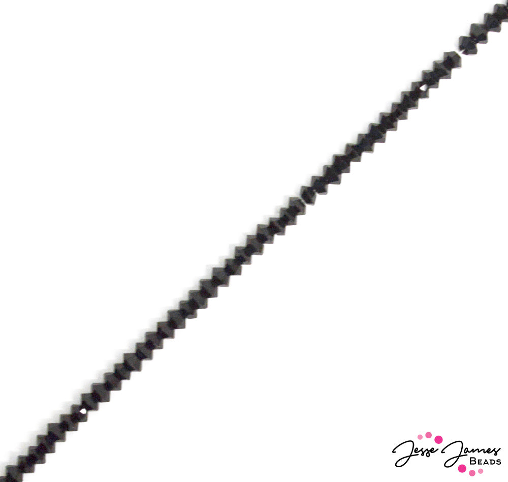 Calling all fashionistas Chic black glass crystal adds bling from the darkside to your jewelry project. Add a bold neutral like black to jewelry and immediately up the edge. Approximately 80 beads. Each bead measures 4mm x 2mm. Approx. 80 beads on a strand.