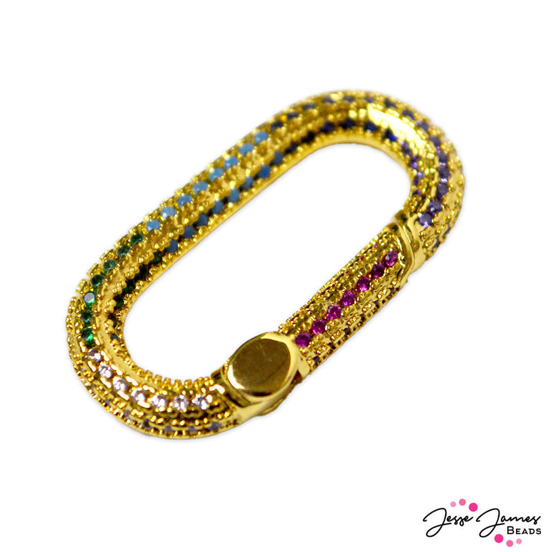Look close, you might uncover a rainbow! This fashionable carabiner style clasp features cubic zirconia rhinestones and rainbow color stones blend together to create a subtle pop of color. Each clasp measures 30mm x 26mm x 3mm.