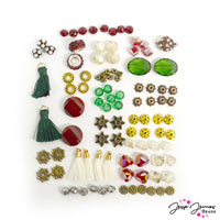 It's beginning to look at lot like, you know, a quilt! This rainbow of classic Christmas colors is perfect for adding rich tones to any holiday inspired jewelry pieces. Each mini mix contains faceted glass beads, large hole rhinestone beads, mini round beads, thread tassels in two styles, antique gold metal bead caps and spacers, gold metal bead caps, copper clasp, and more. Largest piece in mix measures 14mm x 6mm. Smallest piece in mix measures 6mm.