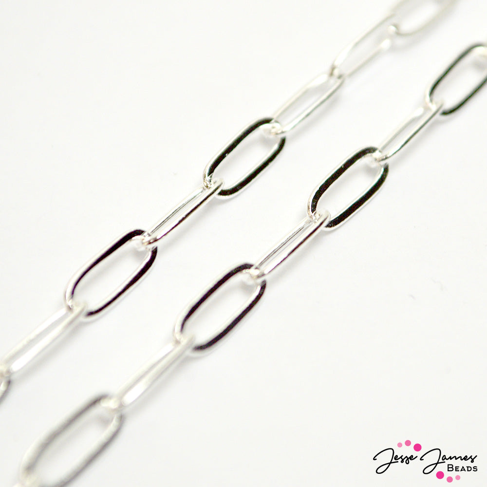 Simple and trendy, this paperclip chain provides an elegant way to create necklaces, bracelets, and more. Sold in 1 meter cuts. Each link measures 10.8mm x 4mm.