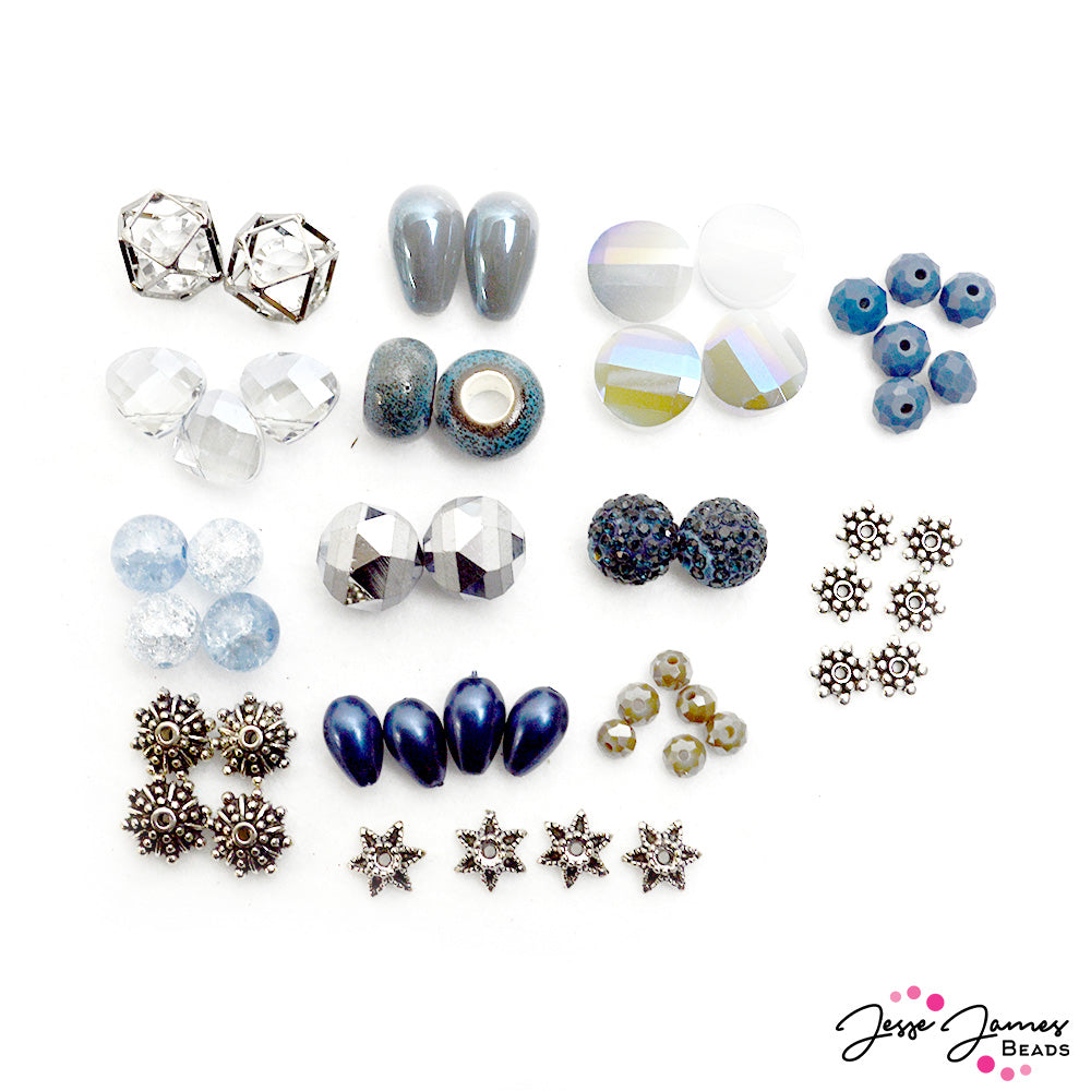 Parisian Blue Color Trend Bead mix features ceramic beads, faceted glass beads, mini metal spacers, caged crystal beads, and more.