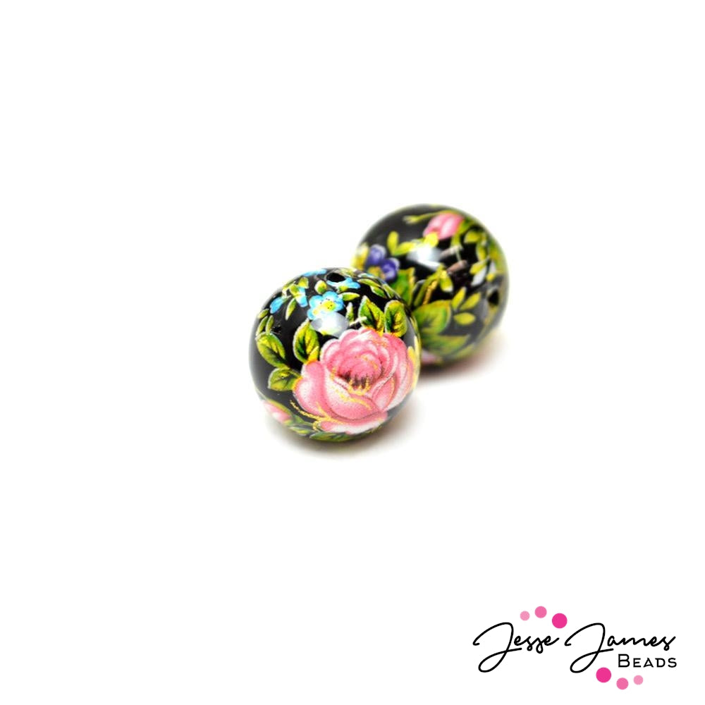 Pink Rose On Black 12MM Japanese Tensha Bead Pair