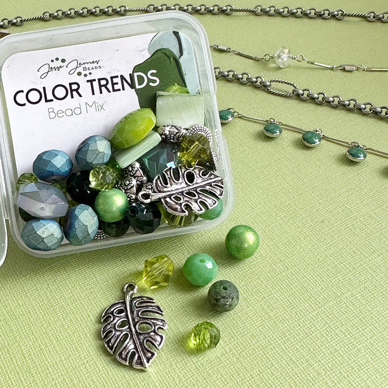 Rainforest Bead mix pairs well with custom dyed enamel chain and silver metal chains from Jesse James Beads