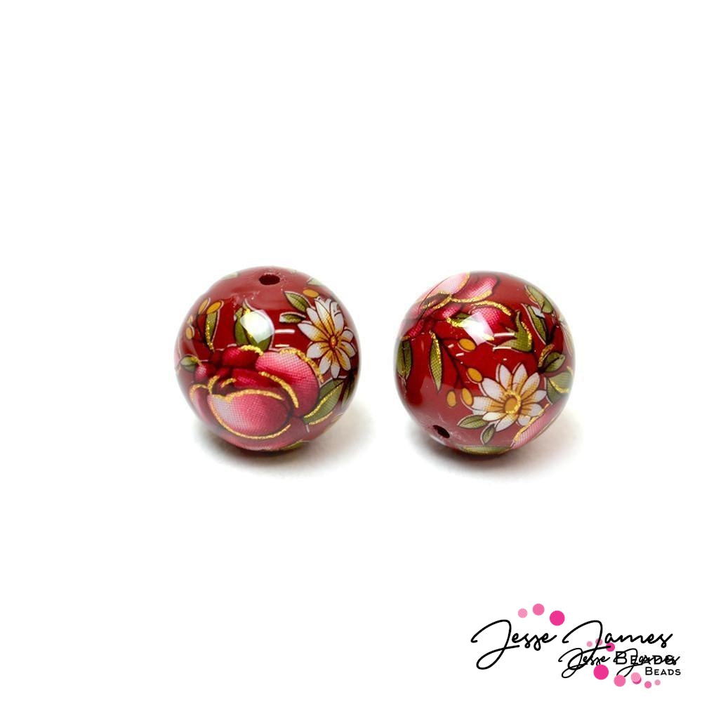 Red Rose On Red 14 mm Japanese Tensha Bead Pair