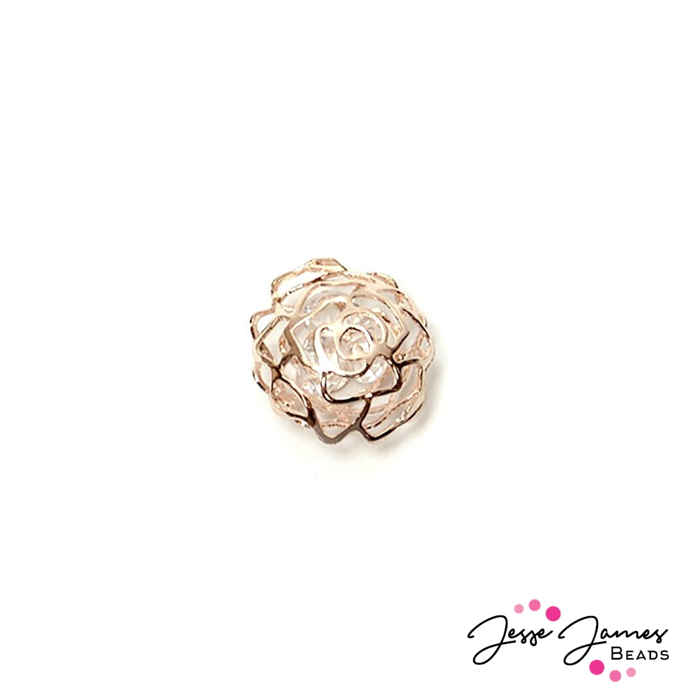 Rose Gold Rose Cage Bead With Crystal